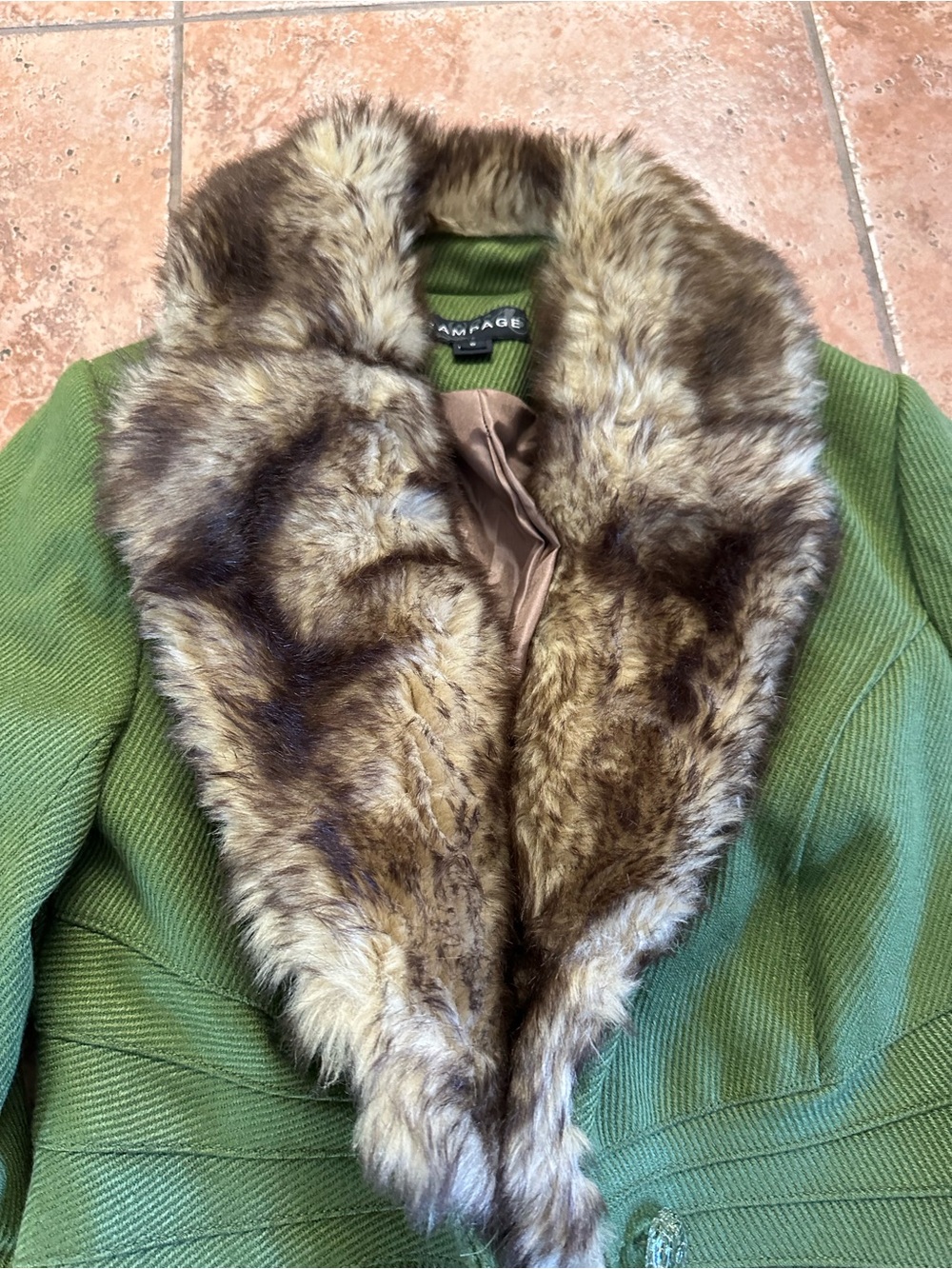 Rampage Olive Green Pea Coat with Faux Fur Shawl Collar